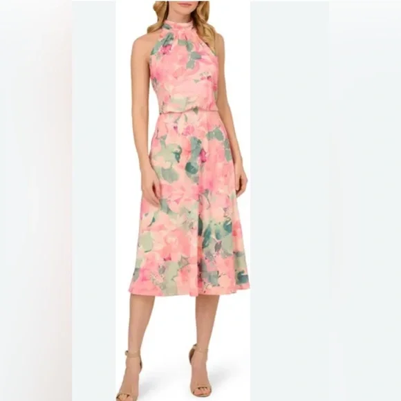 Adrianna Papell | Dresses | Adrianna Papell Floral Mock Neck Midi Dress 8 Pink  Green Peach Feminine | Poshmark